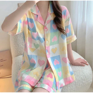 🎀ชุดนอนผ้าไหมญี่ปุ่น🎀 ชุดนอนแฟชั่น เสื้อแขนสั้น กางเกงขาสั้น ลายการ์ตูนน่ารัก ผ้านุ่มเกรดพรีเมียมr