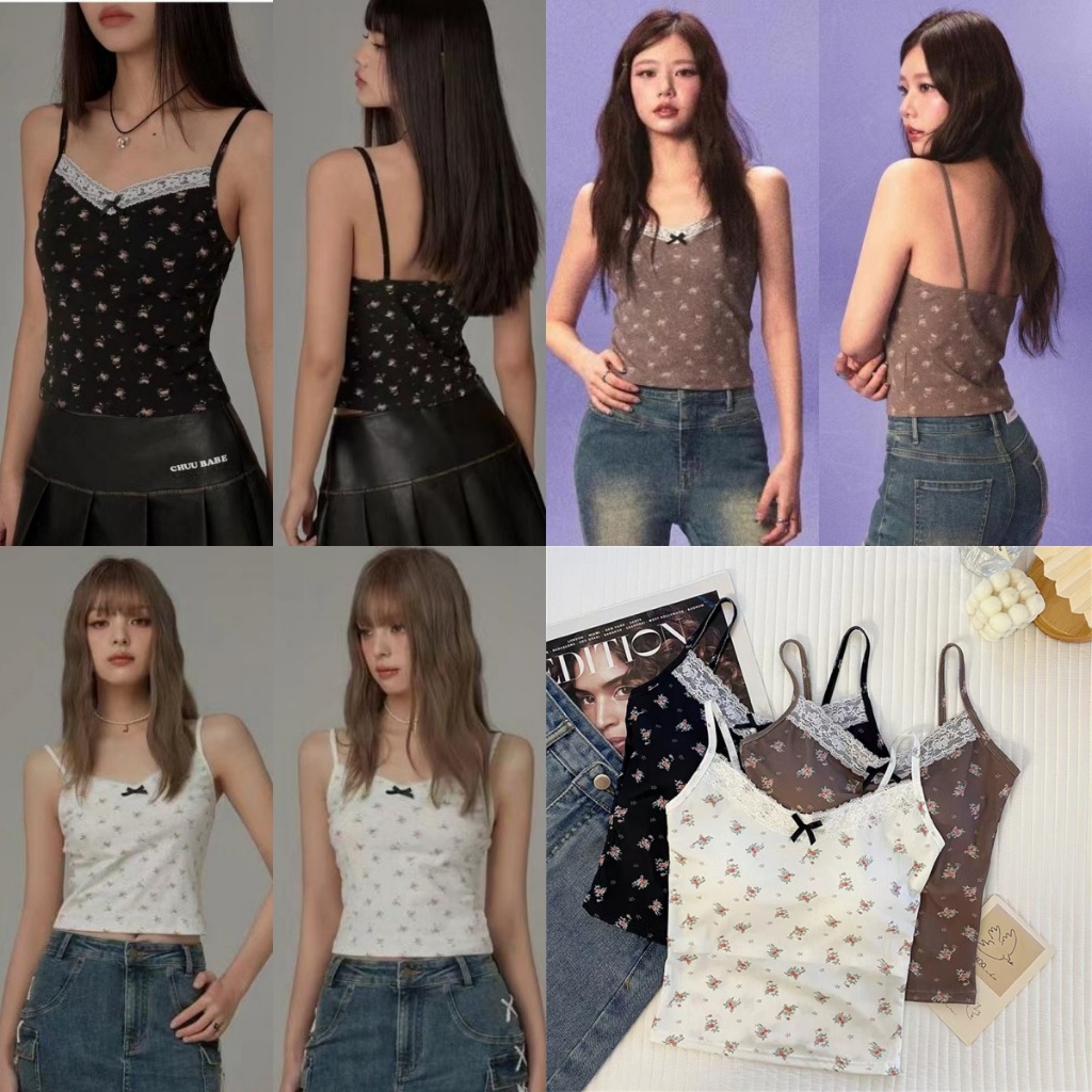 YY92 เสื้อสายเดี่ยวเซ็กซี่ ผ้านิ่ม ใส่สบาย ผ้าลูกไม้ปะติด ลายดอกไม้ พร้อมฟองน้ำ สุดฮิตราคาถูก