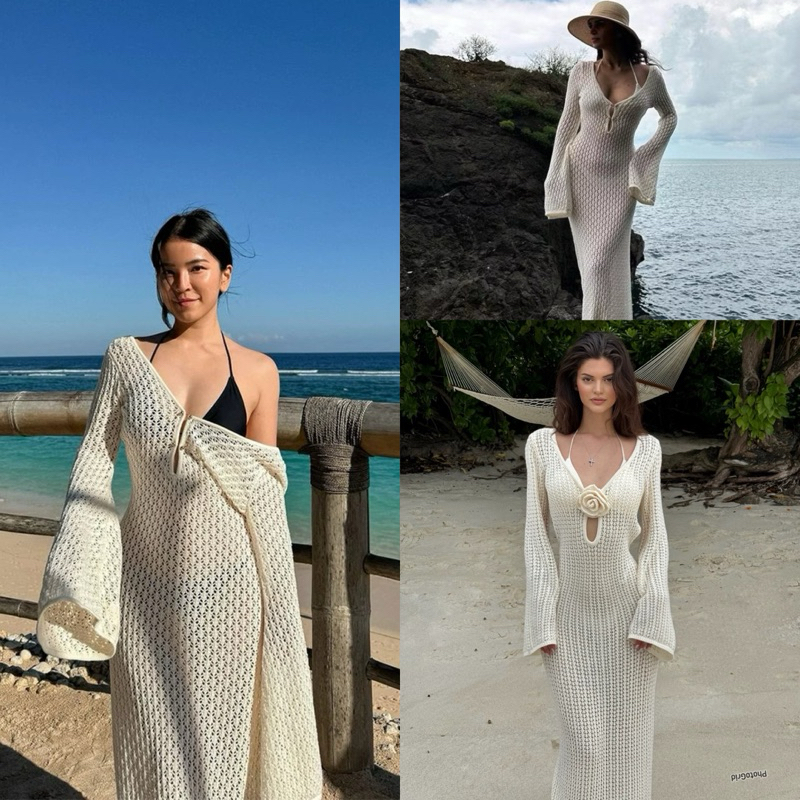 [พร้อมส่ง]ชุดเดรสยาวถักไหมพรมคอวี ใส่คลุมบิกินี่ เดรสลูกไม้แขนยาว ชุดเดรสไปทะเล