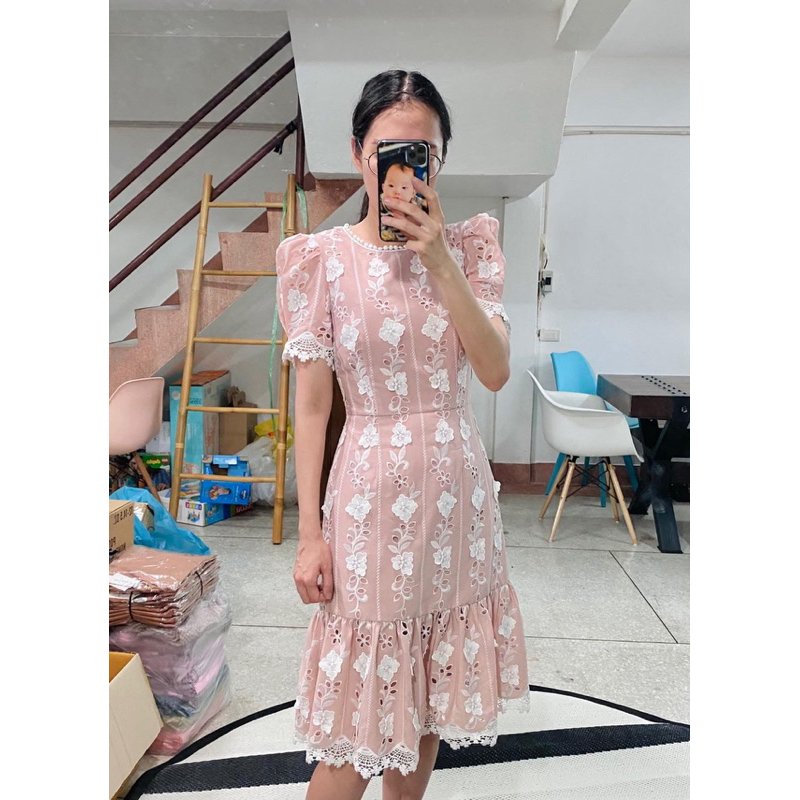 Omeshop เดรสตกแต่งลูกไม้ สีชมพู Size S