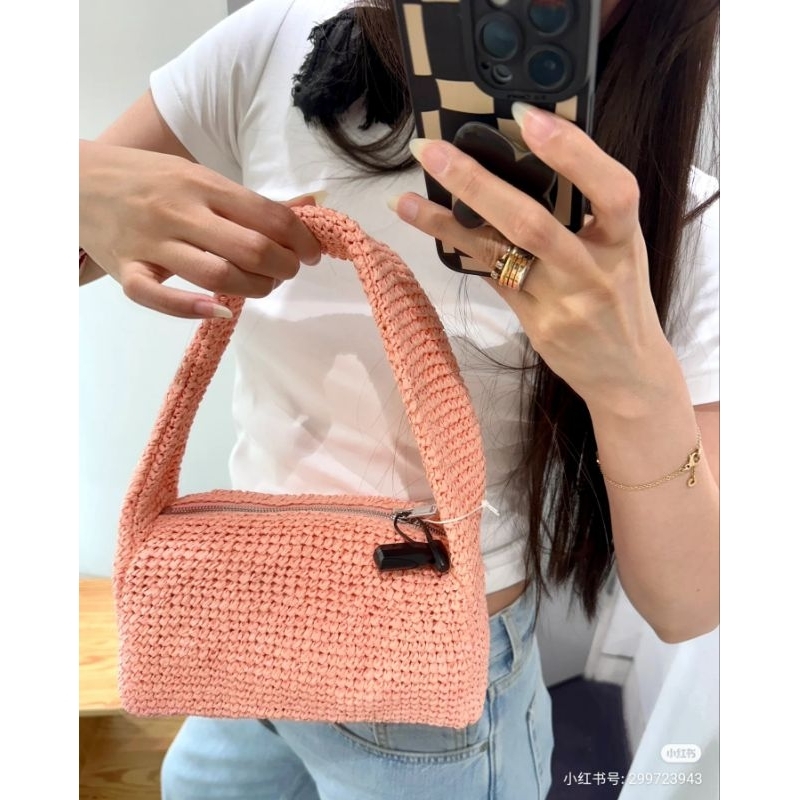 💥New COS SLOUCHY MINI TOTE BAG - RAFFIA  สีส้มพีช สีเบจ ของแท้ ช็อปไทย