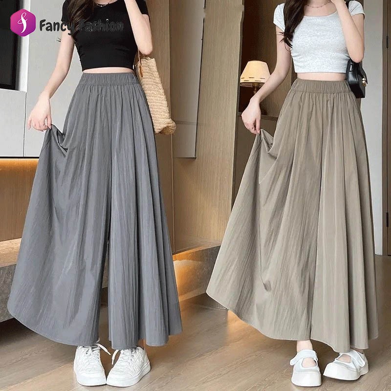 Fancy กางเกงขายาวขากว้างสาวอวบผู้หญิงสีพื้น เอวยางยืด สาวอวบ ไตล์เกาหลีแฟชั่น กางเกงทรงหลวมไซส์ใหญ่