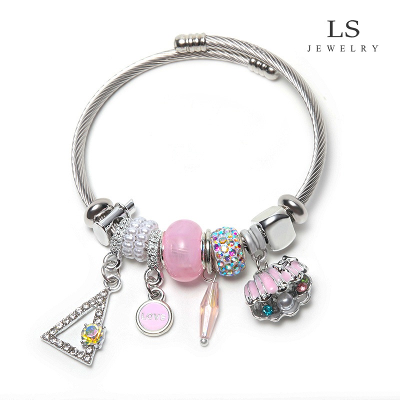 LS สร้อยข้อมือเงิน สร้อยข้อมือเปลือกหอยสีชมพูแฟชั่นลำลอง b2602