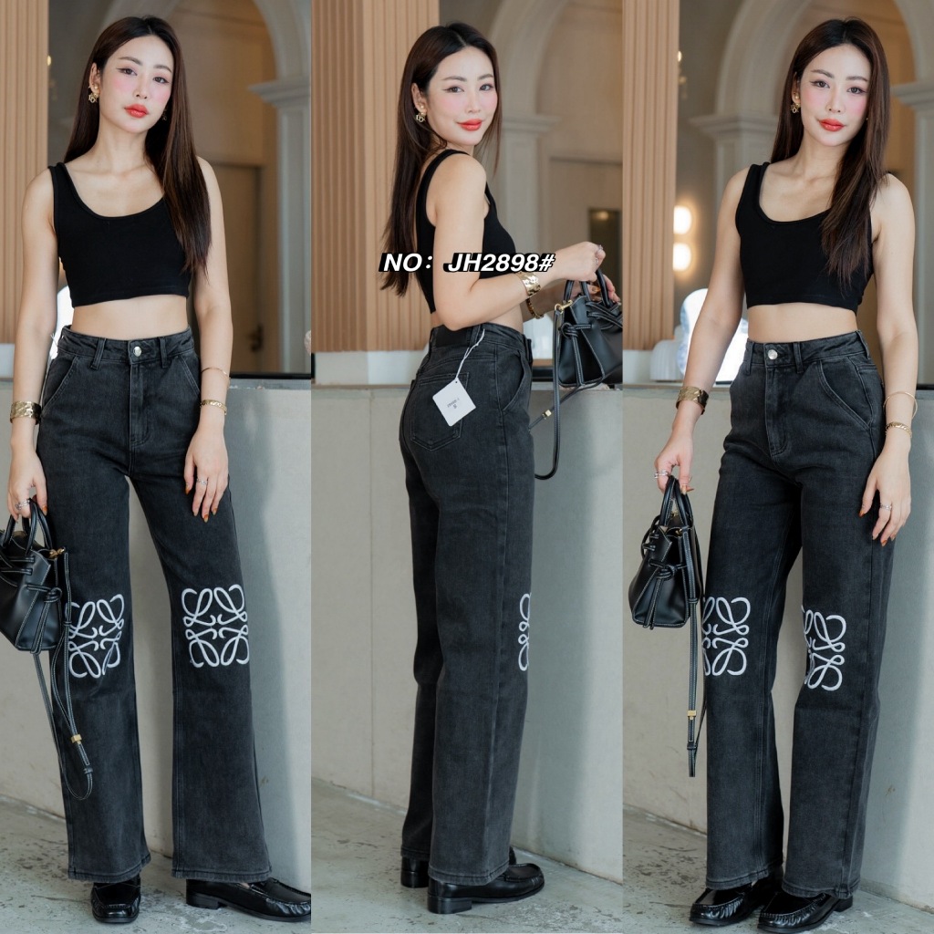2898#สีดำ กางเกงยีนส์ขากระบอก - รูปที่ 2