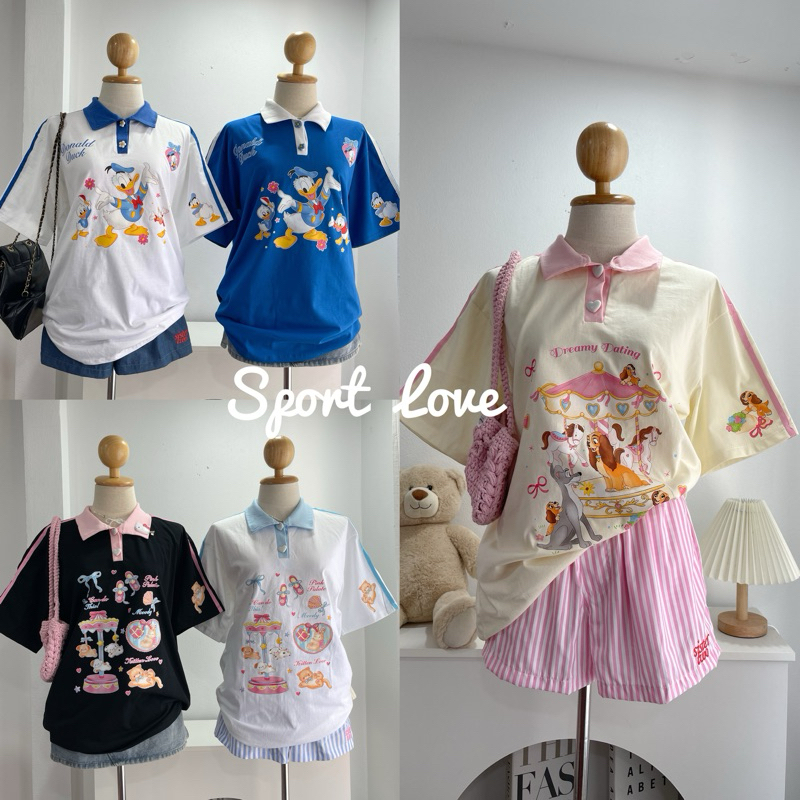 Sport Love เสื้อยืดโอเวอร์ไซส์คอปกกระดุมหัวใจ&กระดุมดอกไม้ ♡