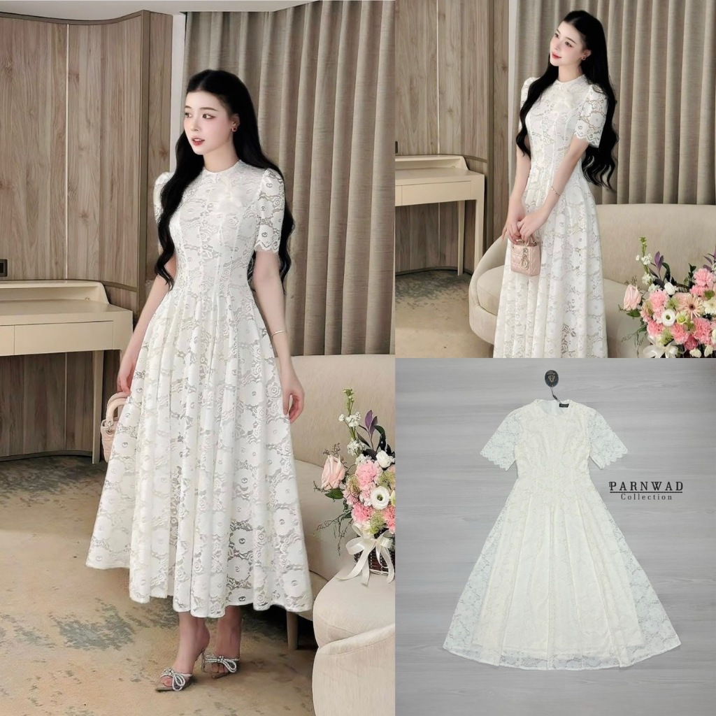 Parnwad Collection PW032 ชุดเดรสตัวยาวผ้าลูกไม้เนื้อนิ่ม