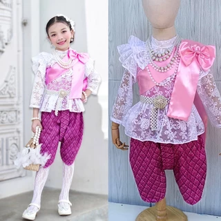 ชุดไทยเด็ก ลูกไม้นิ่ม แขนยาว ผ้าพาดไหล่ใส่ได้2แบบ โจงกระเบนผ้าไทย เนื้อนุ่มใส่สบาย