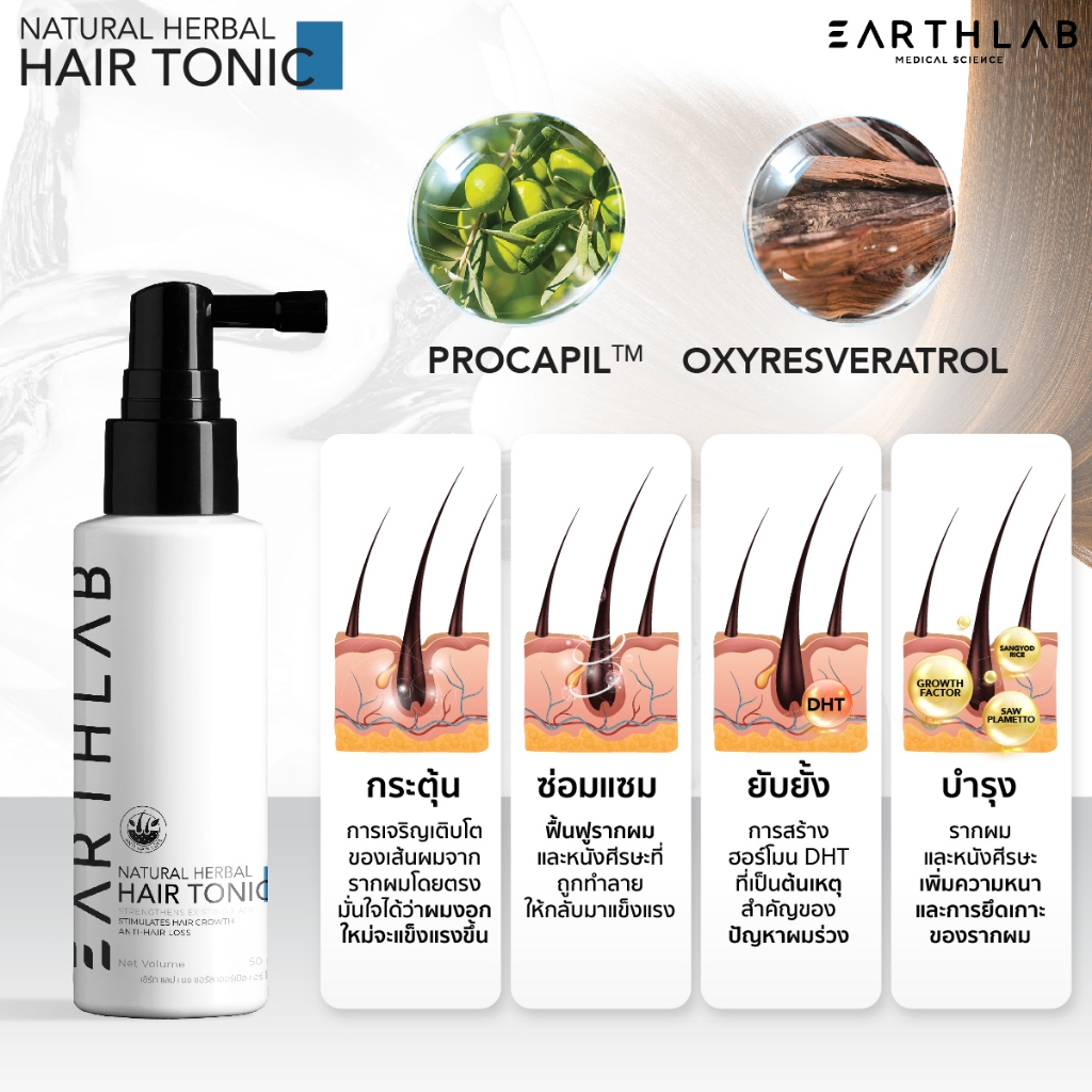 Earth Lab Natural Herbal Hair Tonic แฮร์โทนิค เซรั่มปลูกผม เร่งผมยาว ลดผมร่วง 50 ML (Non CBD) FG0433 - รูปที่ 3