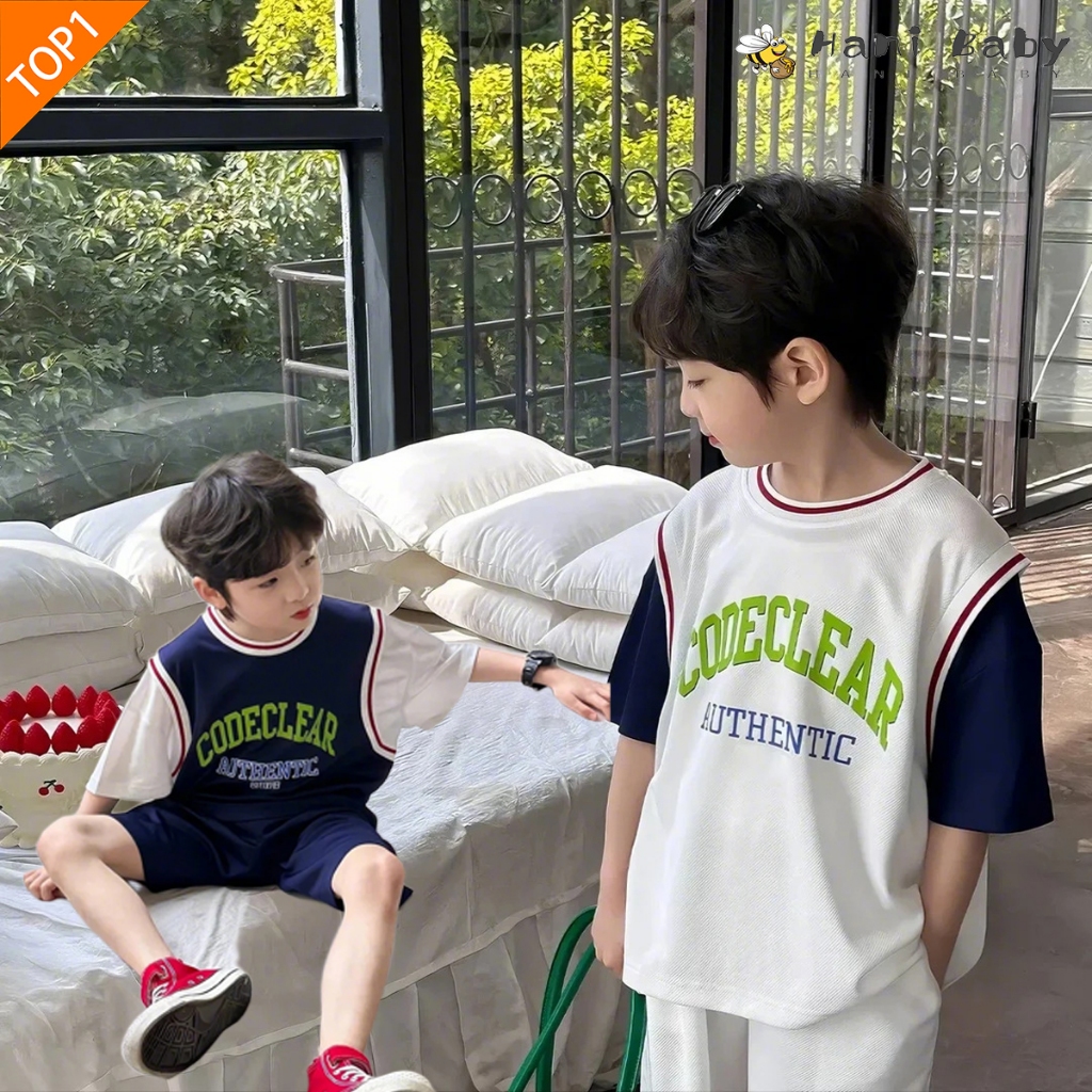 ชุดเสื้อผ้าเด็กผู้ชาย ชุดกีฬาเด็ก เนื้อผ้าบางเบา ระบายอากาศ สไตล์กีฬา ทรงหลวม ใส่เล่นสบาย