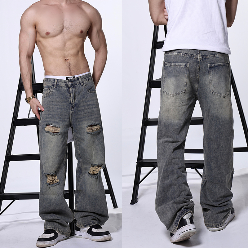 🌞U.mi.🌞 ฉีกกางเกงยีนส์ ทรงตรง ใส่สบาย เสริมบุคลิก กางเกงยีนส์ผู้ชาย สไตล์อเมริกัน ทรงสวย สไตล์วินเทจเกาหลี - รูปที่ 4