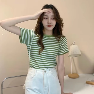 Cicishop (3488) เสื้อไหมพรมแขนสั้น ลายทางเล็ก คอกลม ดูดีทรงสวยเรียบร้อยสไตล์เกาหลี