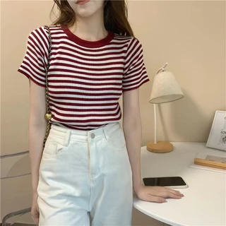 Cicishop (3488) เสื้อไหมพรมแขนสั้น ลายทางเล็ก คอกลม ดูดีทรงสวยเรียบร้อยสไตล์เกาหลี