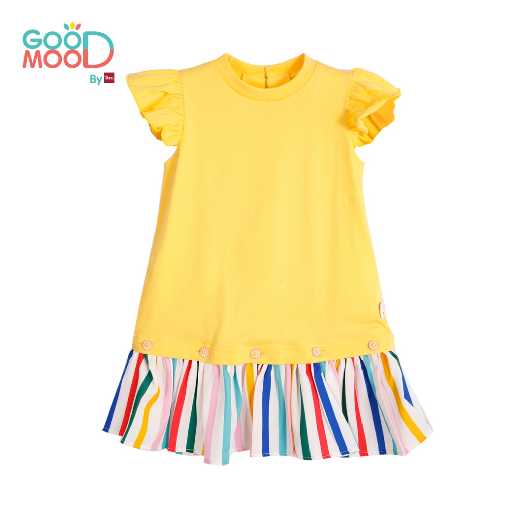 Good Mood by bsc เสื้อยืดแขนระบาย สีเหลือง+ชายกระโปรงลายริ้ว สำหรับเด็กอายุ 6-7 ปี ผ้าคอตตอน
