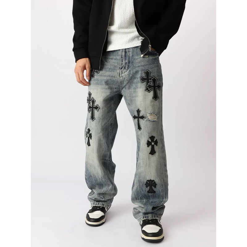 D802 กางเกงยีนส์ผู้ชาย ทรงกระบอกใหญ่ สไตล์สตรีท แต่งงานปักไม้กางเขน Chrome Hearts Style ดีเทลขาดเซอร์