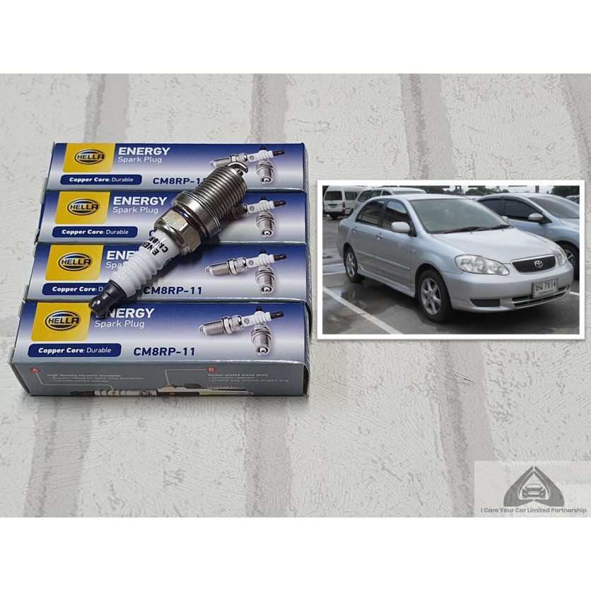 หัวเทียน Toyota Corolla Altis E120 ( 2001 - 2007 ) ขั้วนิคเกิ้ล ชุด 4 หัว : Hella CM8RP-11