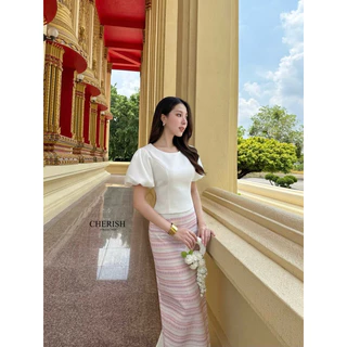 📌📌พร้อมส่ง ครบไซส์ XS S M L XL 🏷️CHERISH เซ็ท 3 ชิ้ิ้น(📍มีเข็มขัดมุก) ชุดงานบุญ ชุดไทย ผ้าไทย ทำบุญ ตักบาตร เรียบร้อย