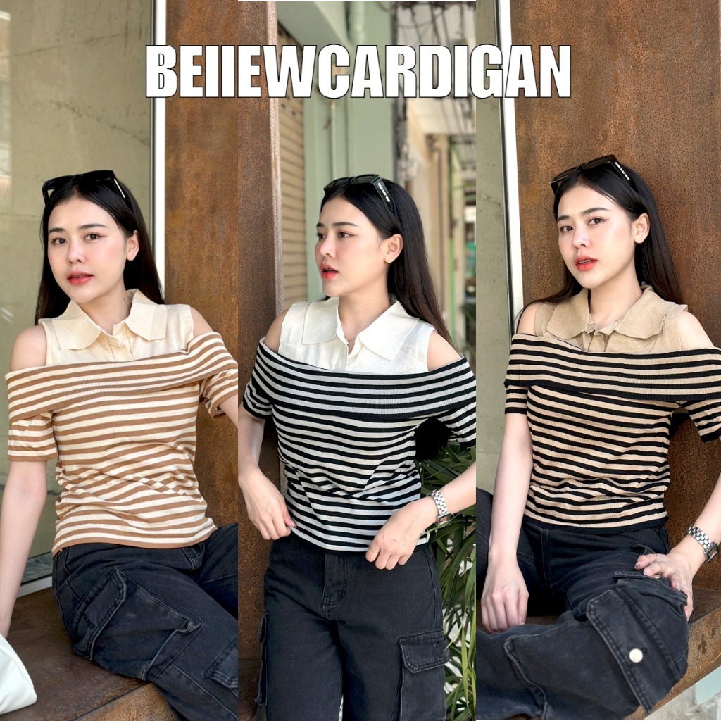 BEIIEW ์เสื้อครอปไหมพรม ทรงแขนสั้นเปิดไหล่ งานทรงคอโปโลคอปก ตามติดเทรนแฟชั่นเป็นงานแต่งทอลายริ้วคาดเส้นสลับสี งานนี้สวยแ