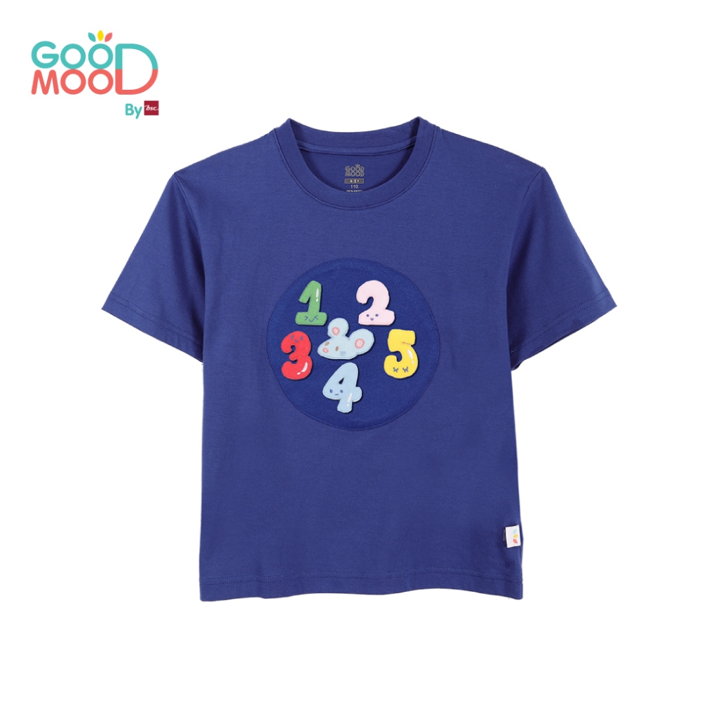 Good Mood by bsc เสื้อยืดคอกลม แขนสั้น สีน้ำเงิน + PATCHES ลายตัวเลข 6 ชิ้น สำหรับเด็กอายุ 4-5 ปี ผ้าคอตตอน