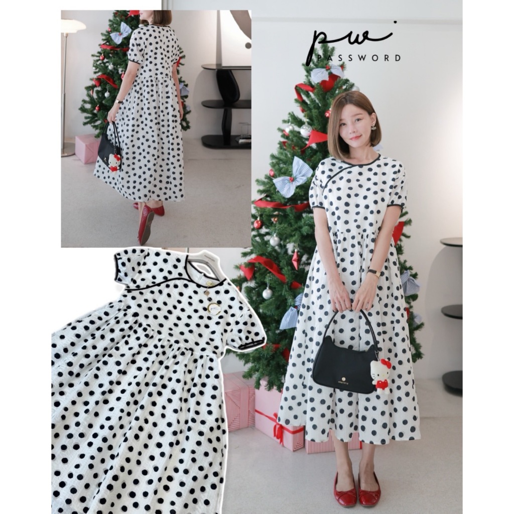•PASSWORD• PW 89200 เดรสผ้าลายจุดผ้านุ่ม เนื้อผ้ามีเท็กซ์เจอร์นูนนุ่มนิ่มในตัวนะคะ