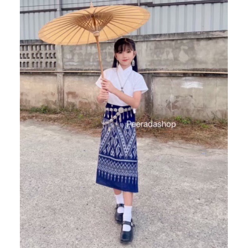 ชุดผ้าฝ้ายเด็กเสื้อแขนสั้นป้ายหน้า+ผ้าถุงเอวยืด