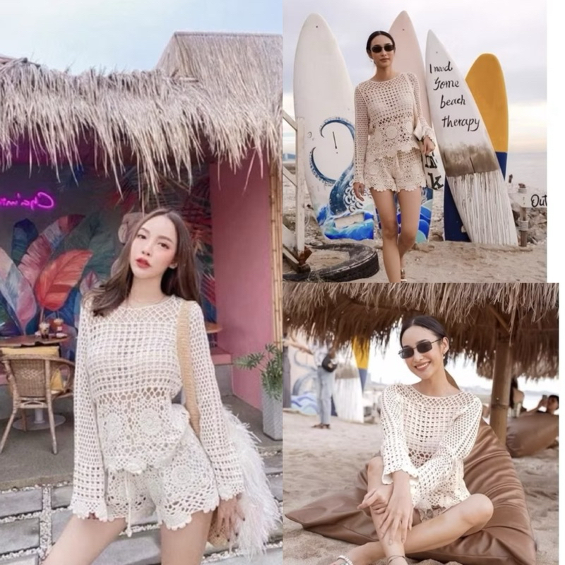 ชุดเซต 2 ชิ้น เสื้อไหมพรมแขนยาว+กางเกงถักไหมพรม ใส่เที่ยวทะเล(มีขายแยกคะ)