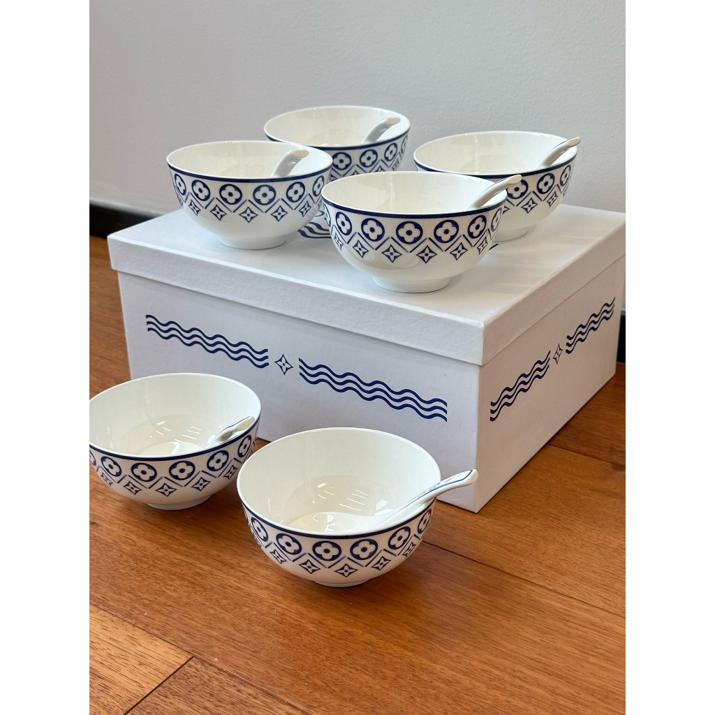 LV Light Luxury High Bone Porcelain Blue and White Series Tableware Bowl Spoon 4.5-inch 6Bowl 6Spoon