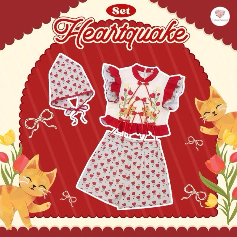 Maria Diamond( Heartquake Set ชุดเซ็ต 3 ชิ้น เสื้อครอปแขนกุดแต่งระบาย คอจีน ใส่ซิปหลัง+กางเกงขาสั้นม