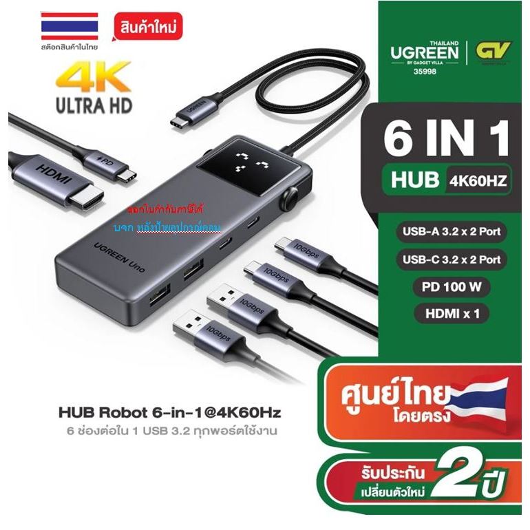 UGREEN Uno USB-C HUB Robot 6-in-1 รองรับ4K60Hz HDMI+1 USB-A3.2+2 USB-C3.2+2 PD+1 Hub #รุ่น CM888 359