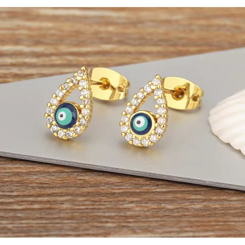 Evil Eye Charm Stud Earrings Zircon ต่างหู Evil Eye ทรงหยดน้ำ แท้จากตุรกี
