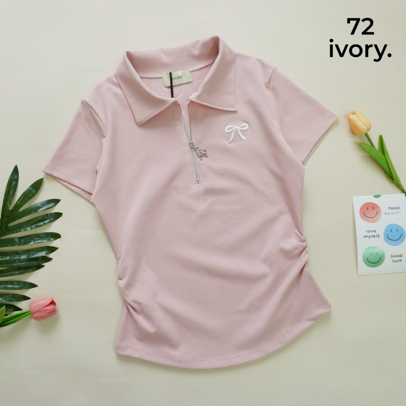 VV105-VV909 VV206-ป้ายIVORYเสื้อยืดผ้ายูนิโคล่ คอปก แต่งปักโบว์ข้าง แขนสั้นหยุมข้าง - รูปที่ 2