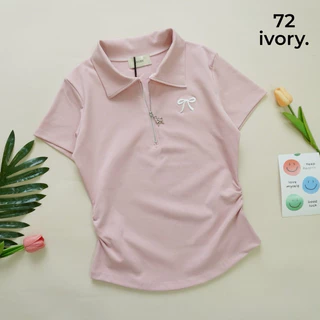 VV105-VV909 VV206-ป้ายIVORYเสื้อยืดผ้ายูนิโคล่ คอปก แต่งปักโบว์ข้าง แขนสั้นหยุมข้าง