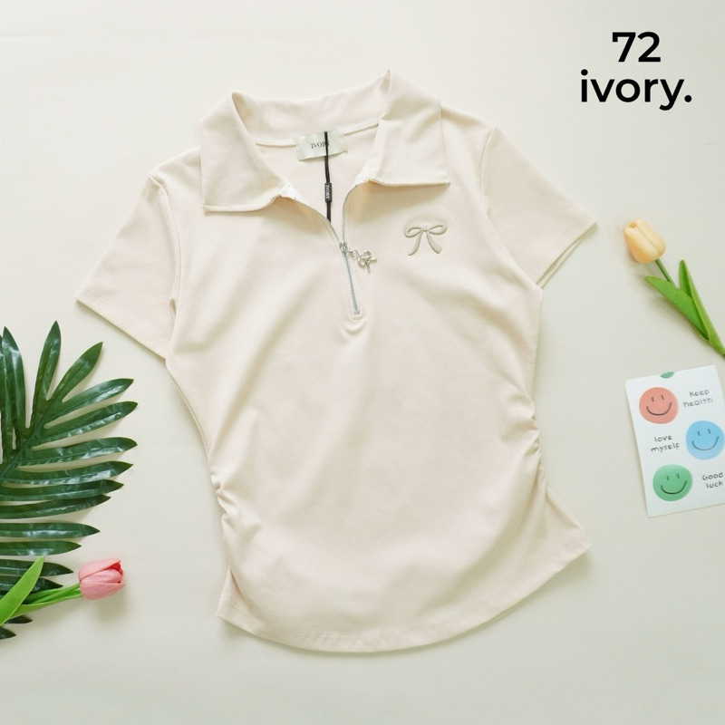 VV105-VV909 VV206-ป้ายIVORYเสื้อยืดผ้ายูนิโคล่ คอปก แต่งปักโบว์ข้าง แขนสั้นหยุมข้าง - รูปที่ 3