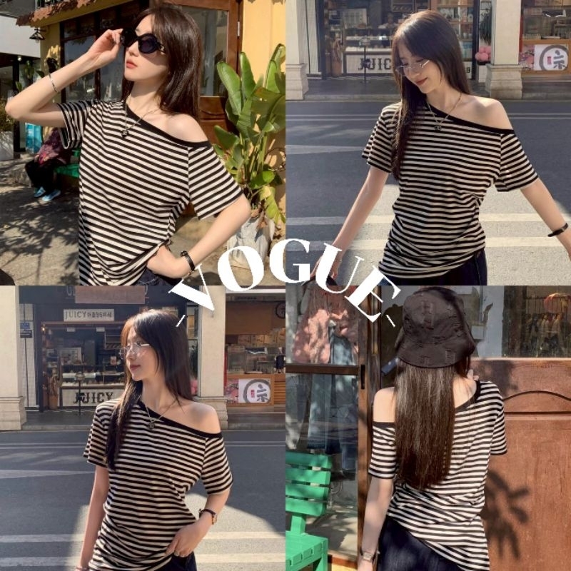 Vogue🌟พร้อมส่ง🌟 เสื้อยืดเปิดไหล่ แขนสั้น ดีเทลลายทาง ใส่สบายมาก (FYP30)