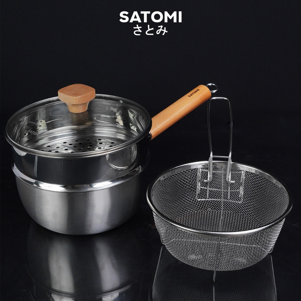 SATOMI ชุดหม้อสแตนเลส ลายรังผึ้ง ขนาด 20 cm  พร้อมซึ่งนึ่ง และตะแกรงทอด