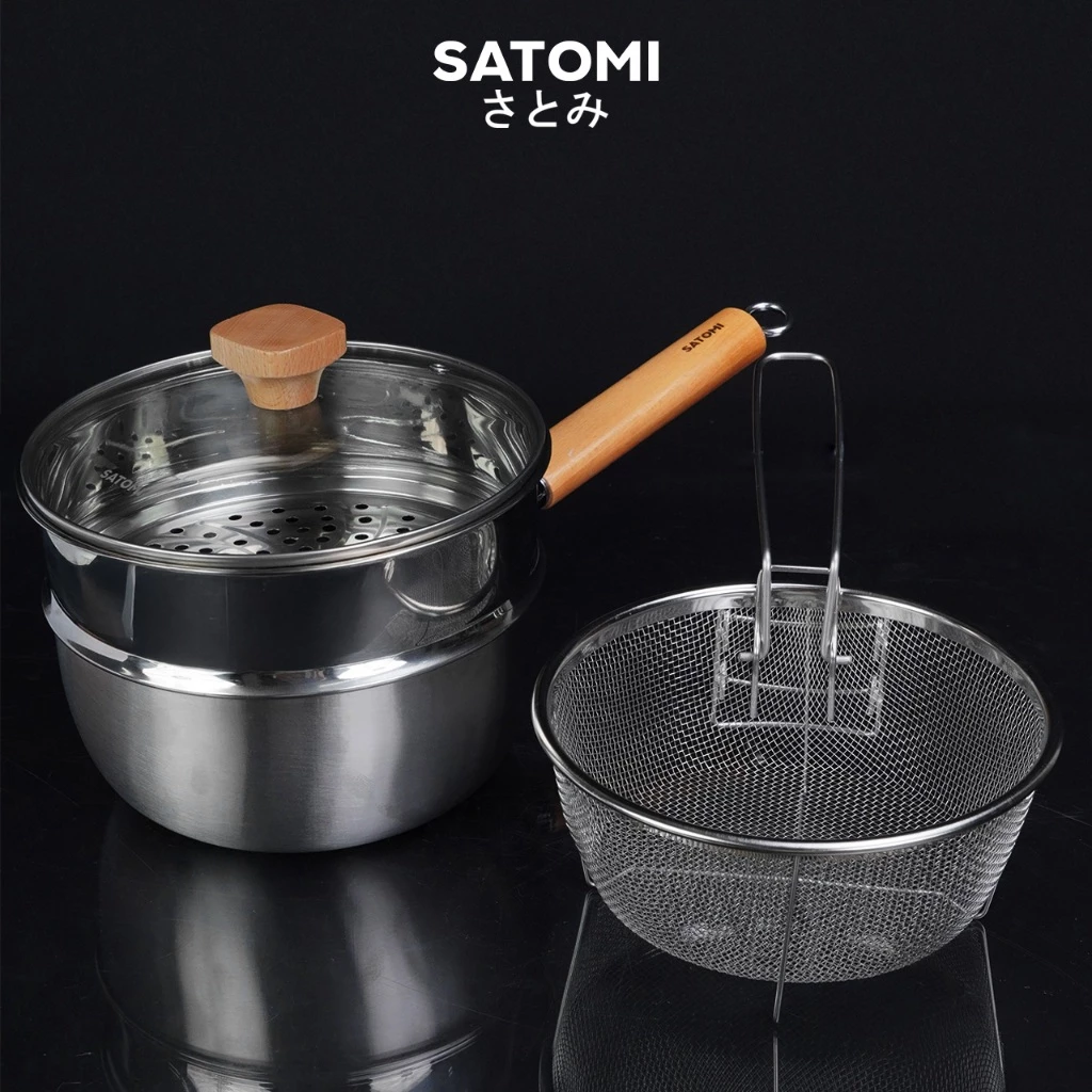 SATOMI ชุดหม้อสแตนเลส ลายรังผึ้ง ขนาด 20 cm พร้อมซึ่งนึ่ง และตะแกรงทอด