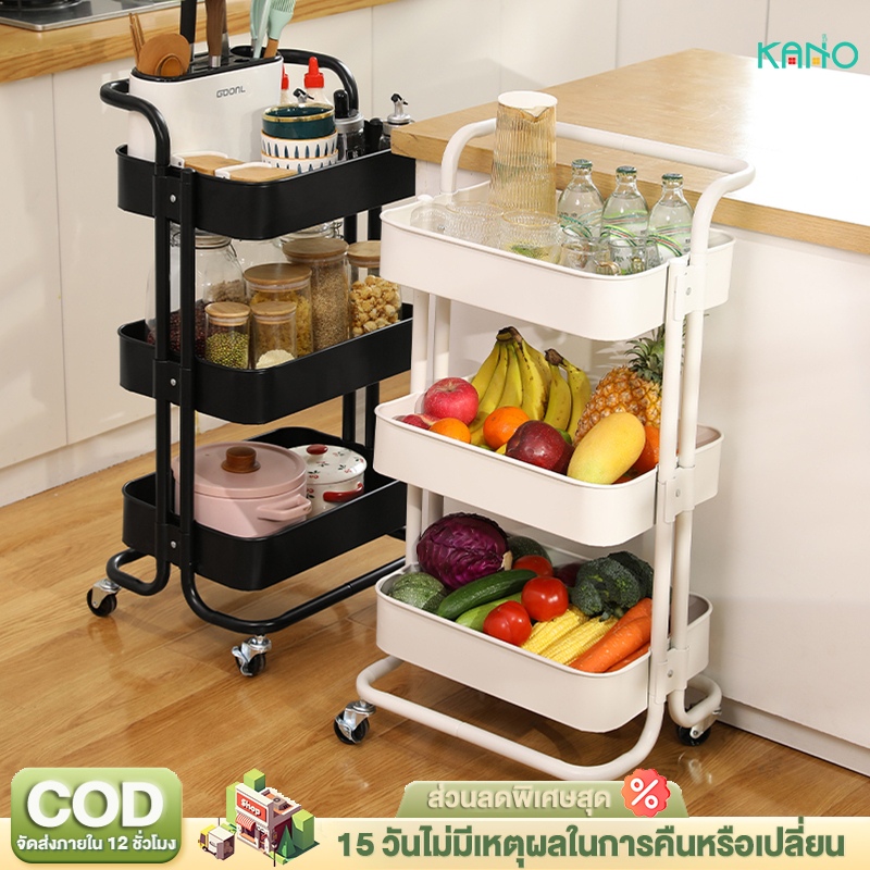 KANO ชั้นวางรถเข็น รถเข็นเหล็กคาร์บอน 3/4 ชั้นวางของมีล้อ พร้อมล้อเลื่อน+ที่จับ ใช้ในสถานการณ์ต่างๆ เคลื่อนย้ายสะดวก