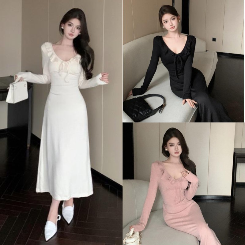 เดรสยาวออกงาน สีดำ คอวี แต่งระบาย2ชั้น มีเชือกผูกโบว์กลางอก ข้างลำตัวมีห่วงร้อยเชือกผูกด้านหลัง #9143
