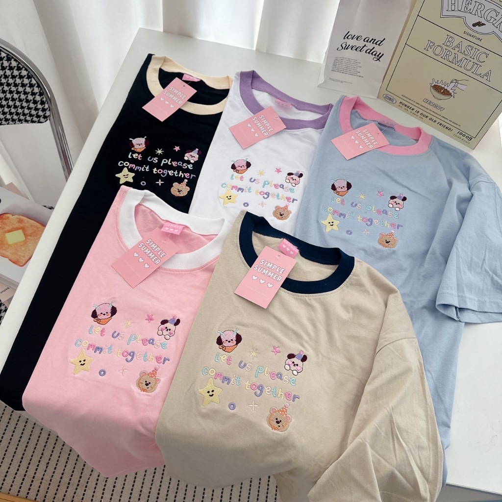 S343 เสื้อยืด oversize ผ้าคอตตอน คอสี ปัก let us please commit together