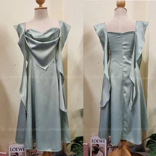 ✨️C:5060;เดรสออกงานรุ่นเจ้าหญิงตัดต่อระบายผ้าเงาเนื้อดีสีพื้นงานผ้าใส่สบายผ้าไม่บางซิปด้านหลังเรียบหรูใส่ออกงาน