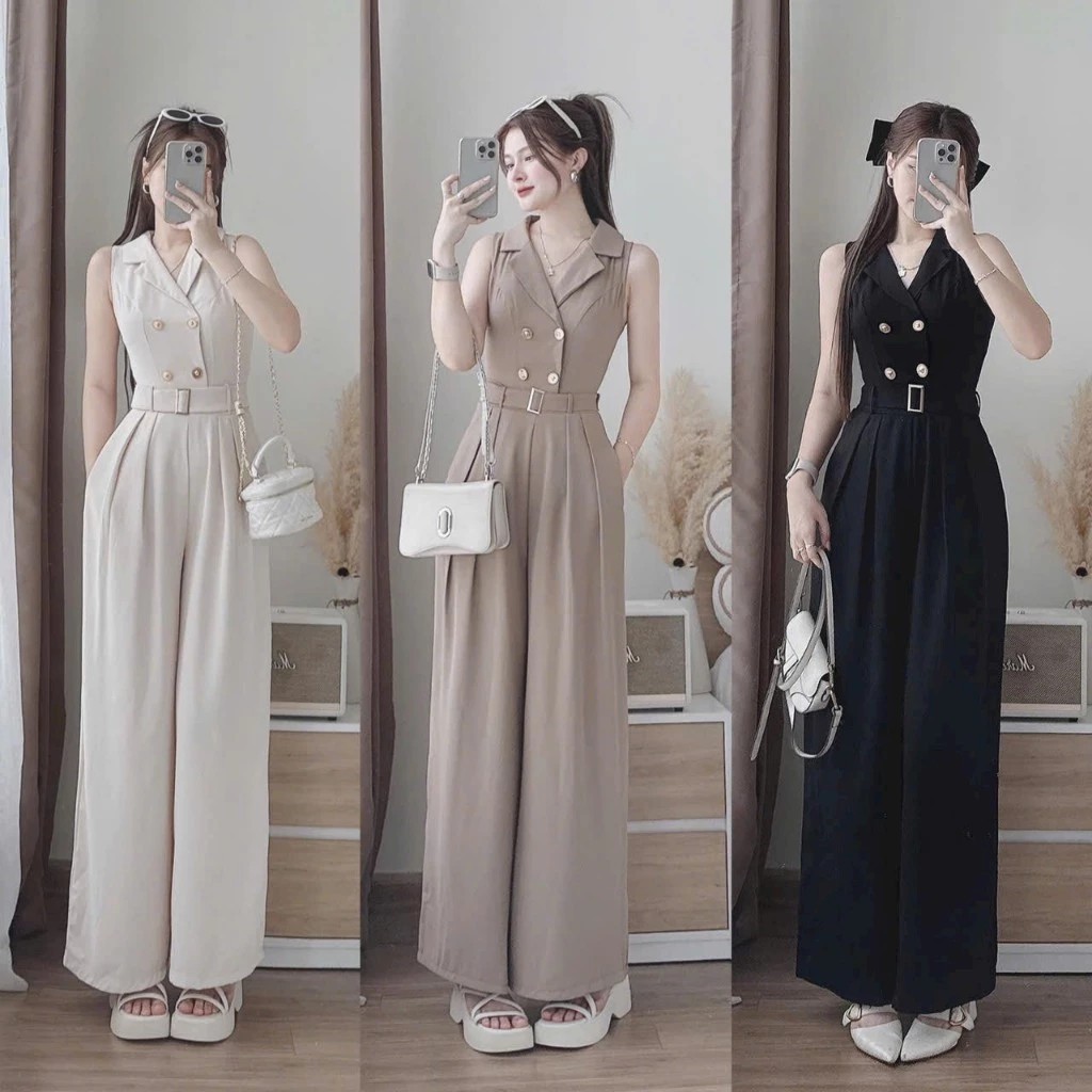 จั๊มสูทยาว ผ้าวูลเวฟ ดีไซน์หรูหรา แขนกุด แต่งกระดุมหน้าพร้อมสายเข็มขัด