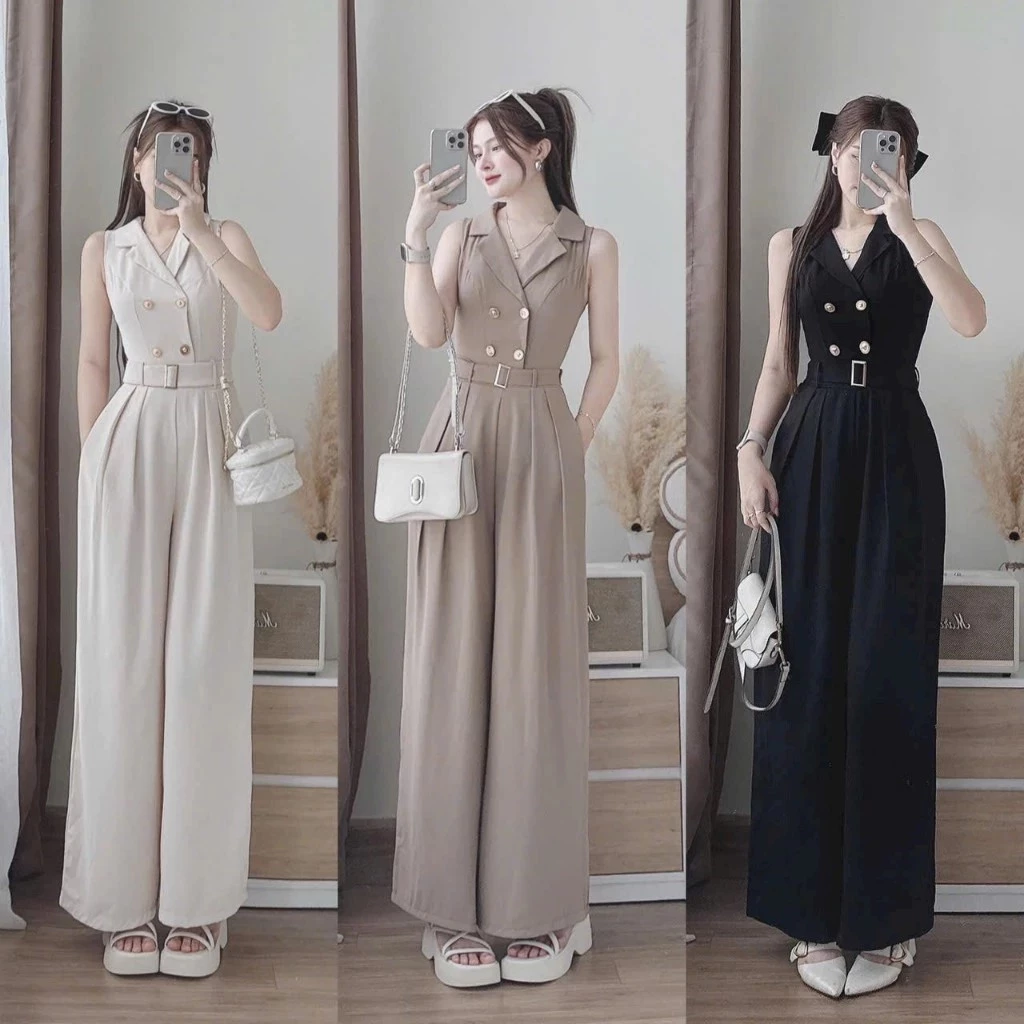 จั๊มสูทยาว ผ้าวูลเวฟ ดีไซน์หรูหรา แขนกุด แต่งกระดุมหน้าพร้อมสายเข็มขัด