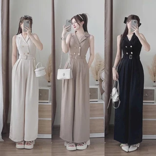 จั๊มสูทยาว ผ้าวูลเวฟ ดีไซน์หรูหรา แขนกุด แต่งกระดุมหน้าพร้อมสายเข็มขัด