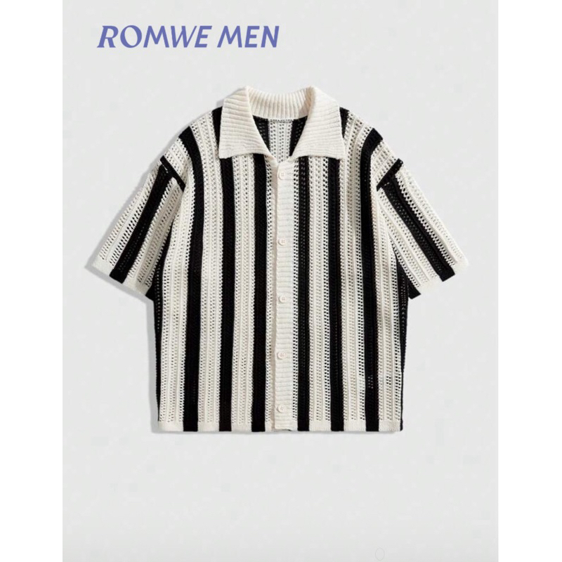 [PRE] ROMWE Men - เสื้อโปโลคอปก แขนสั้น ถักลายทาง สำหรับผู้ชาย