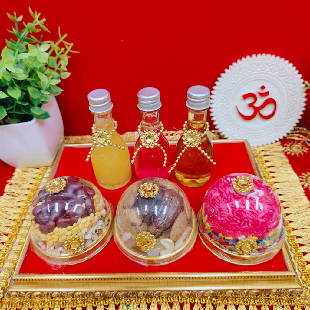 ชุดไหว้ 6 ชิ้น ข้าว 9 สี ถั่ว 9 สี ปัญจเมวา น้ำผึ้ง เนยกีย์ น้ำกุหลาบ ถวายพระพิฆเนศ พระแม่ลักษมี และเทพทั้งปวง