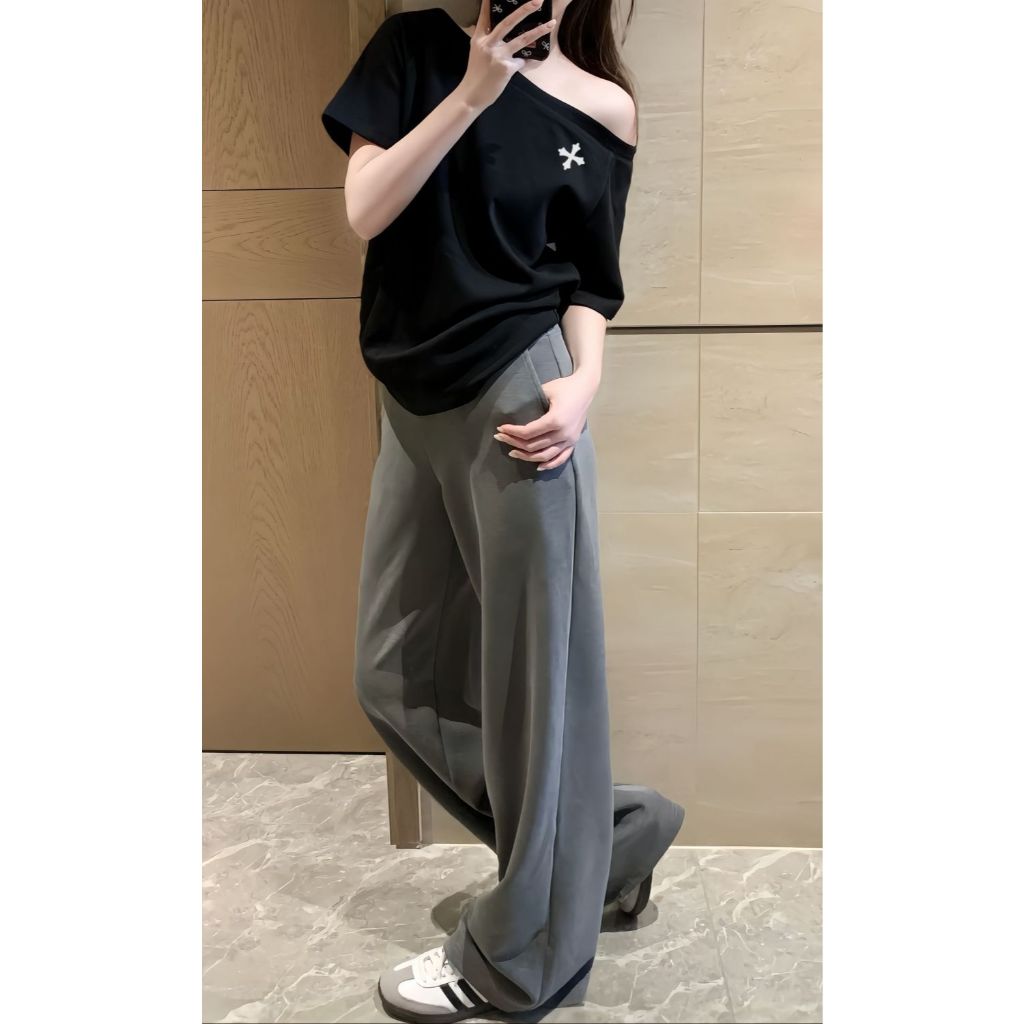เสื้อยืด oversize สำหรับสาวอวบ เสื้อยืดปาดไหล่ เสื้อยืดผู้หญิงสไตล์สาวแซ่บ  ทรงหลวม สไตล์อเมริกัน ฤดูร้อน ปาดไหล่ได้ XXL