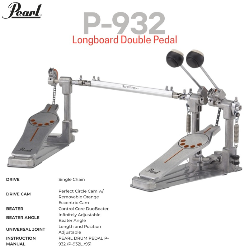 กระเดื่องคู่ Pearl P-930 Longboard Bass Drum Pedal P-930 Longboard Pedal ของ Pearl ผสมผสานคุณสมบัติข