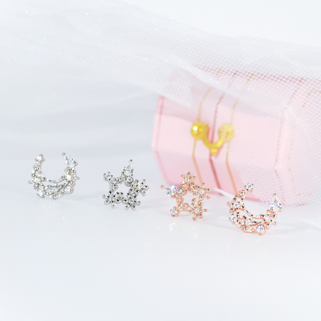 nnjew ต่างหูเงินแท้ 92.5% (ทั้งตัวเรือน) รุ่น Moonie Kiss ดวงจันทร์ และ ดวงดาว ผู้หญิง