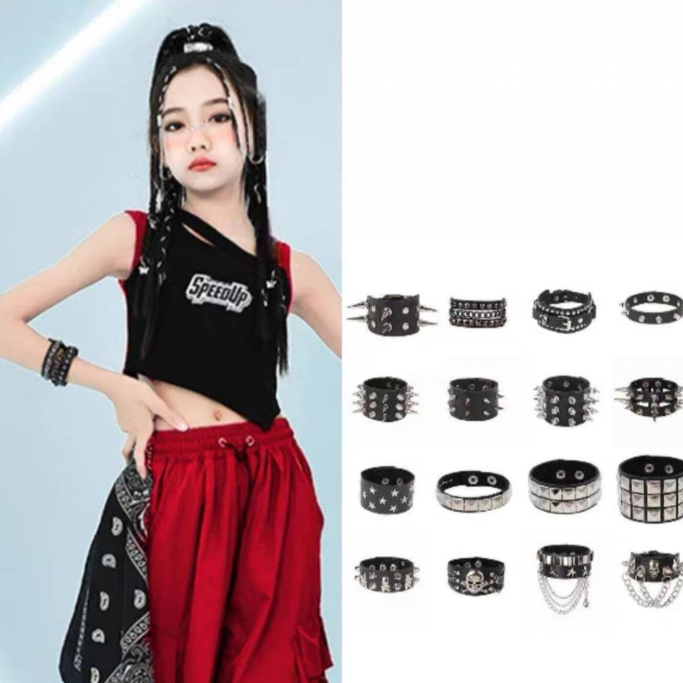 (พร้อมส่งในไทย) สร้อยข้อมือไนท์คลับร็อค กำไล สร้อยรอบแขนย้ำหมุดแฟชั่น หนัง PU