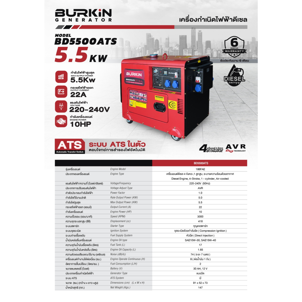 BURKIN เครื่องปั่นไฟ รุ่น BD-5500ATS ดีเซล (มี ATS ในตัว) เครื่องยนต์ 4จังหวะ 5500วัตต์ 10HP (กุญแจส