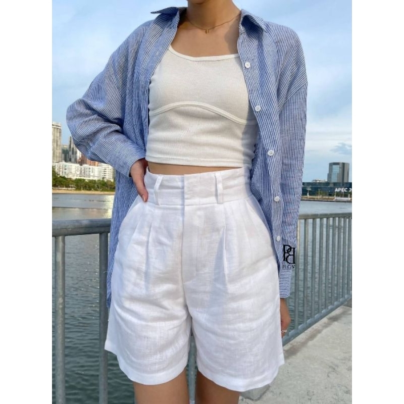 PLOWBRANDS-PS0004 Signature high-waist short กางเกงขาสั้นผ้าลินินแท้ กางเกงขาสั้นเอวสูง - รูปที่ 2